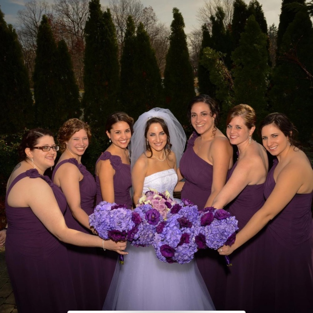 Long, asymmetrical purple bridesmaid dress